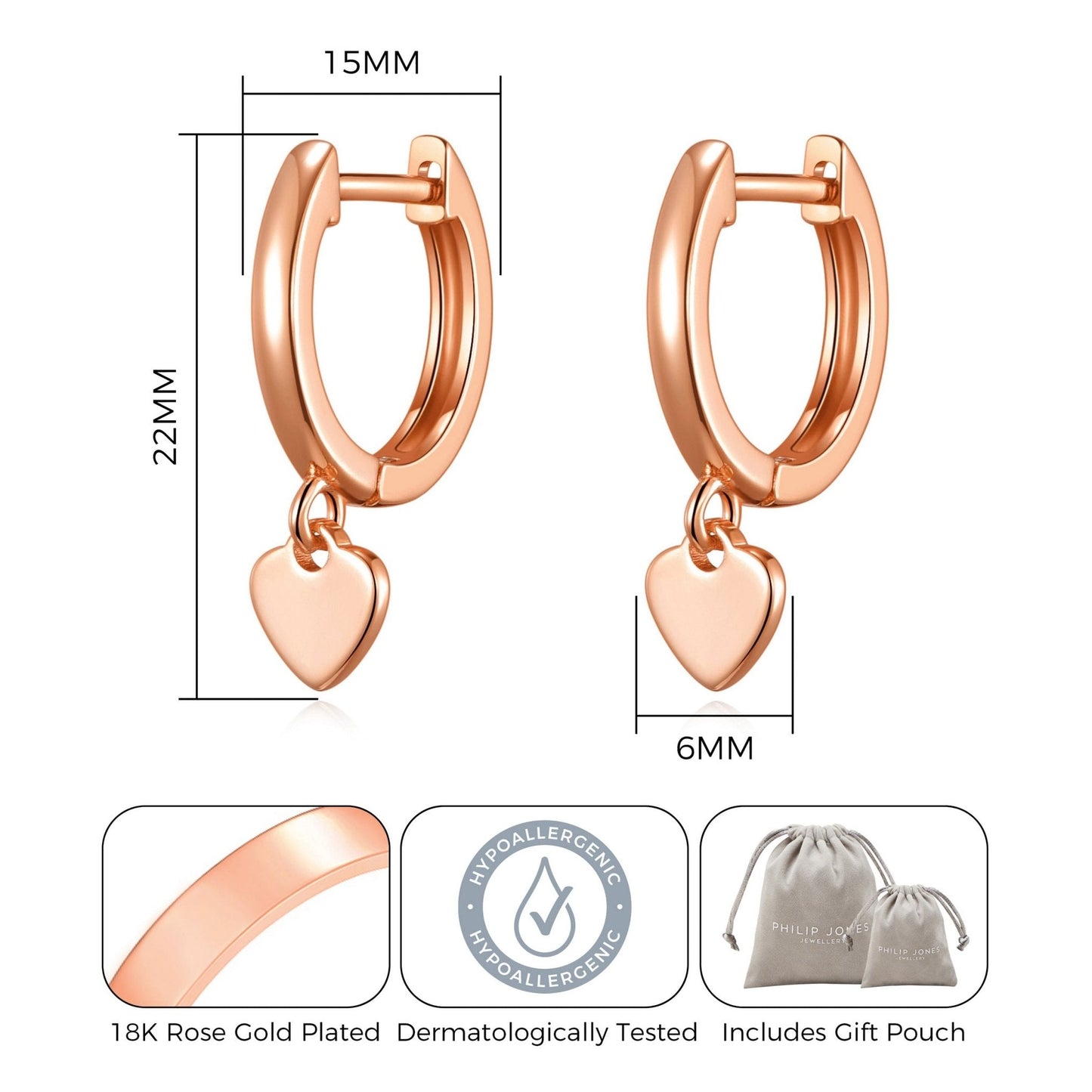 Rose Gold Plated Heart Charm Hoop Earrings