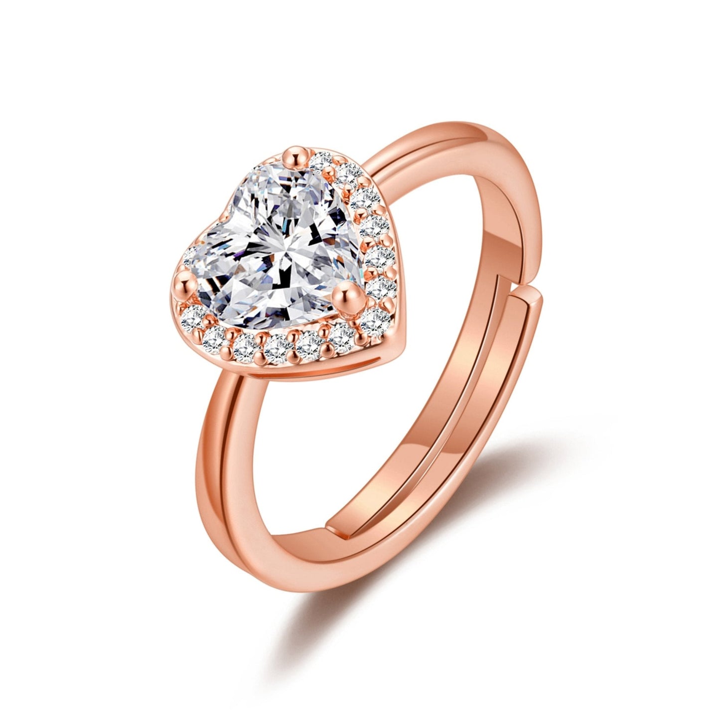 Rose Gold Plated Heart Halo Ring Created with Zircondia® Crystals