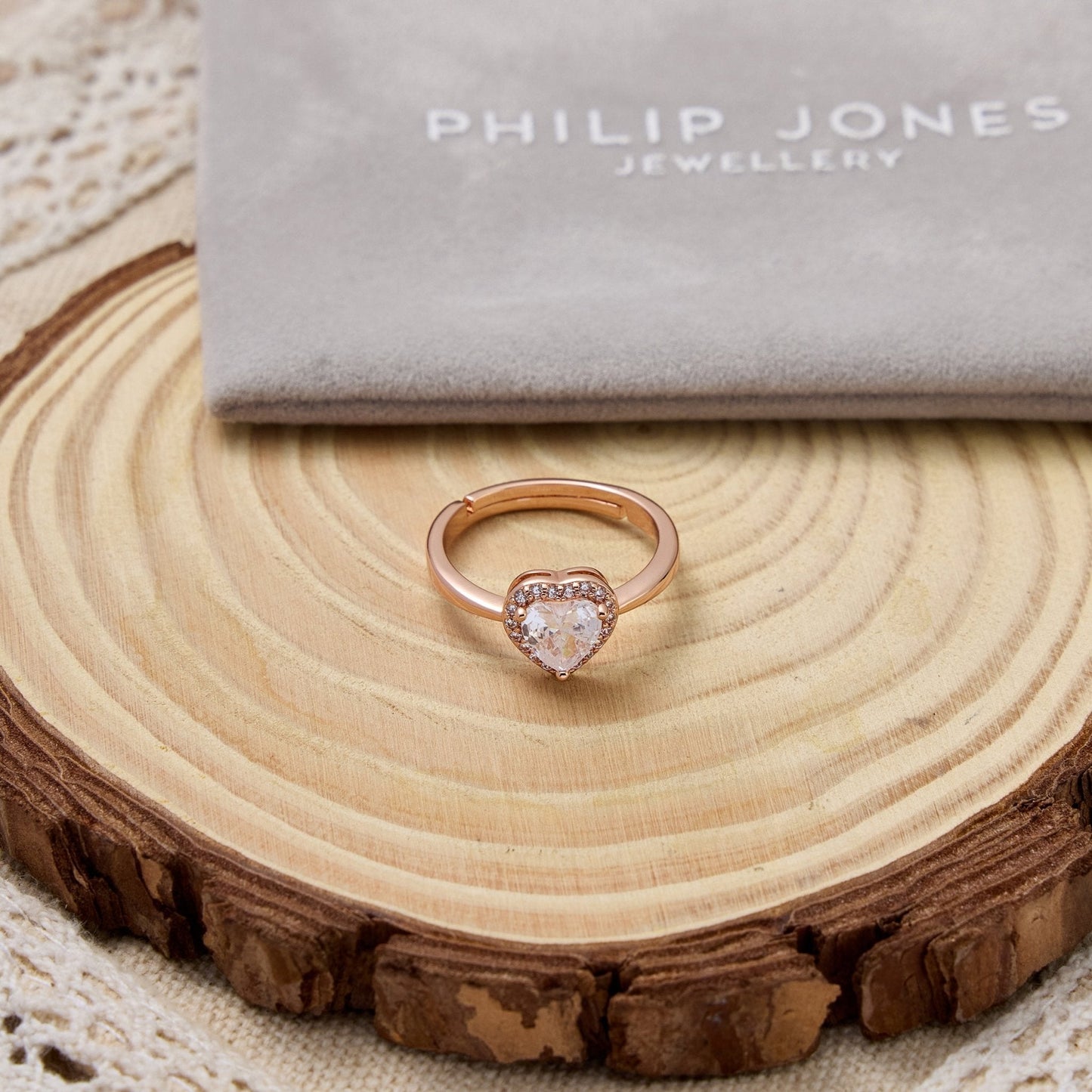 Rose Gold Plated Heart Halo Ring Created with Zircondia® Crystals