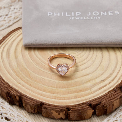 Rose Gold Plated Heart Halo Ring Created with Zircondia® Crystals