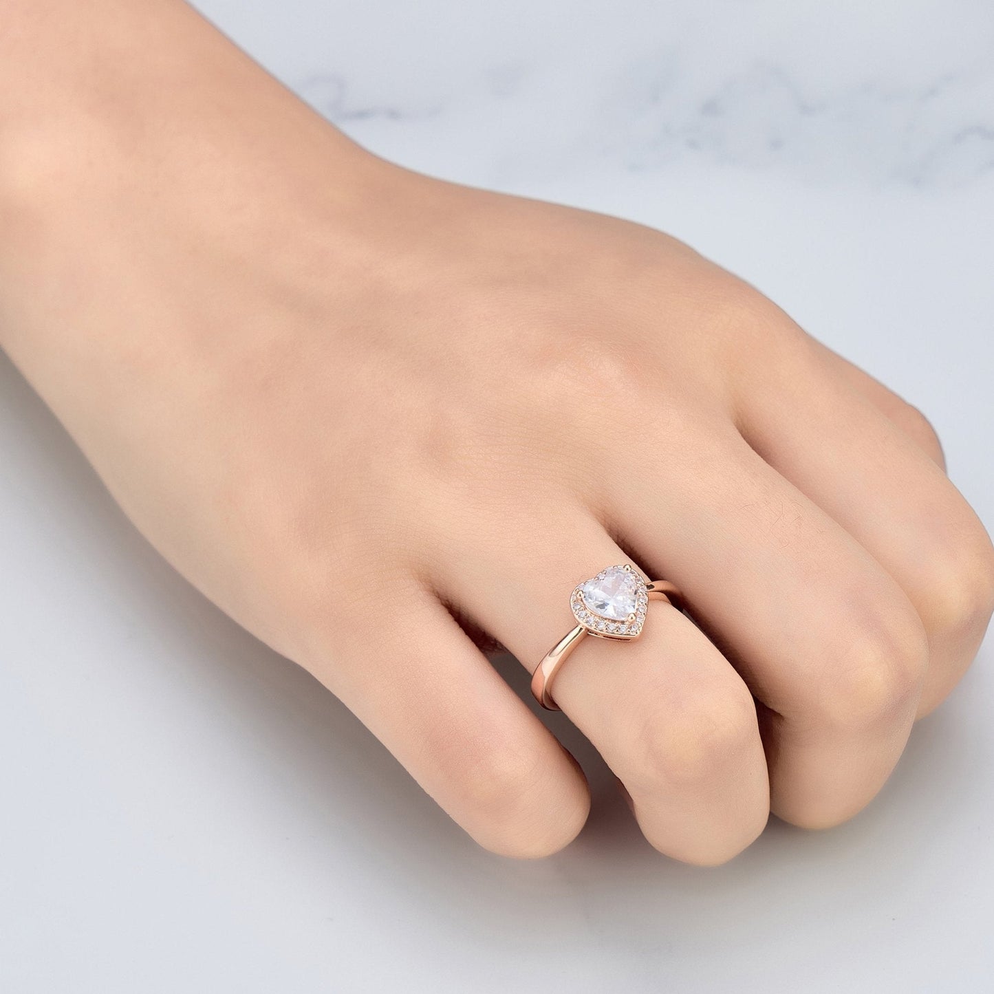 Rose Gold Plated Heart Halo Ring Created with Zircondia® Crystals