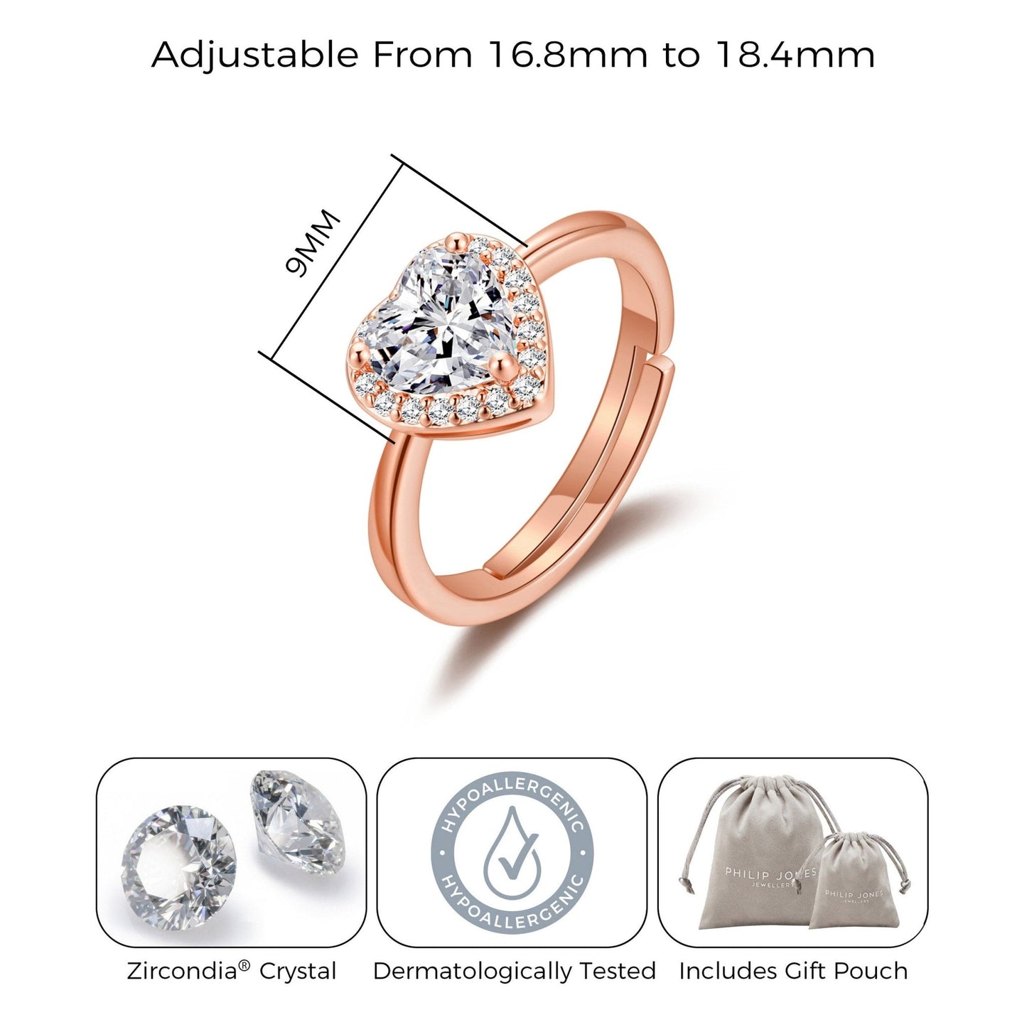 Rose Gold Plated Heart Halo Ring Created with Zircondia® Crystals