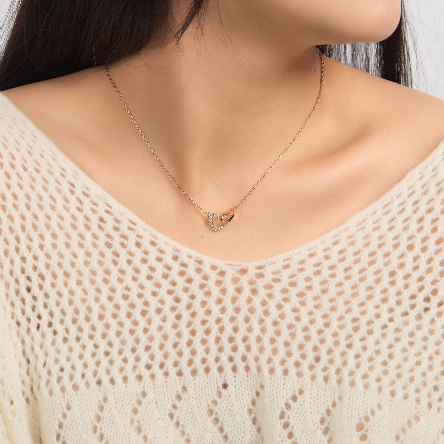Rose Gold Plated Heart Link Necklace Created with Zircondia® Crystals