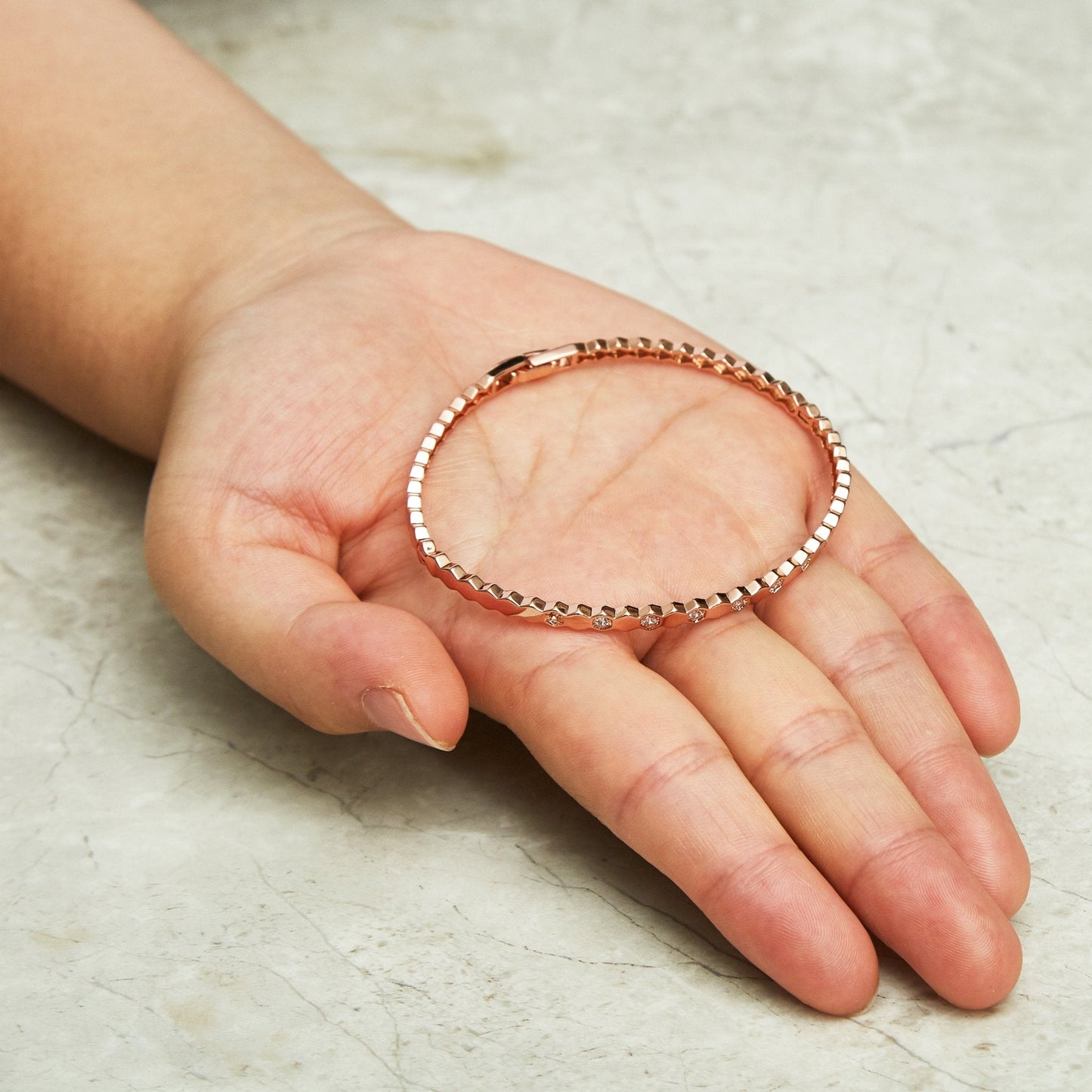 Rose Gold Plated Honeycomb Bangle Created with Zircondia® Crystals (7 Inch)