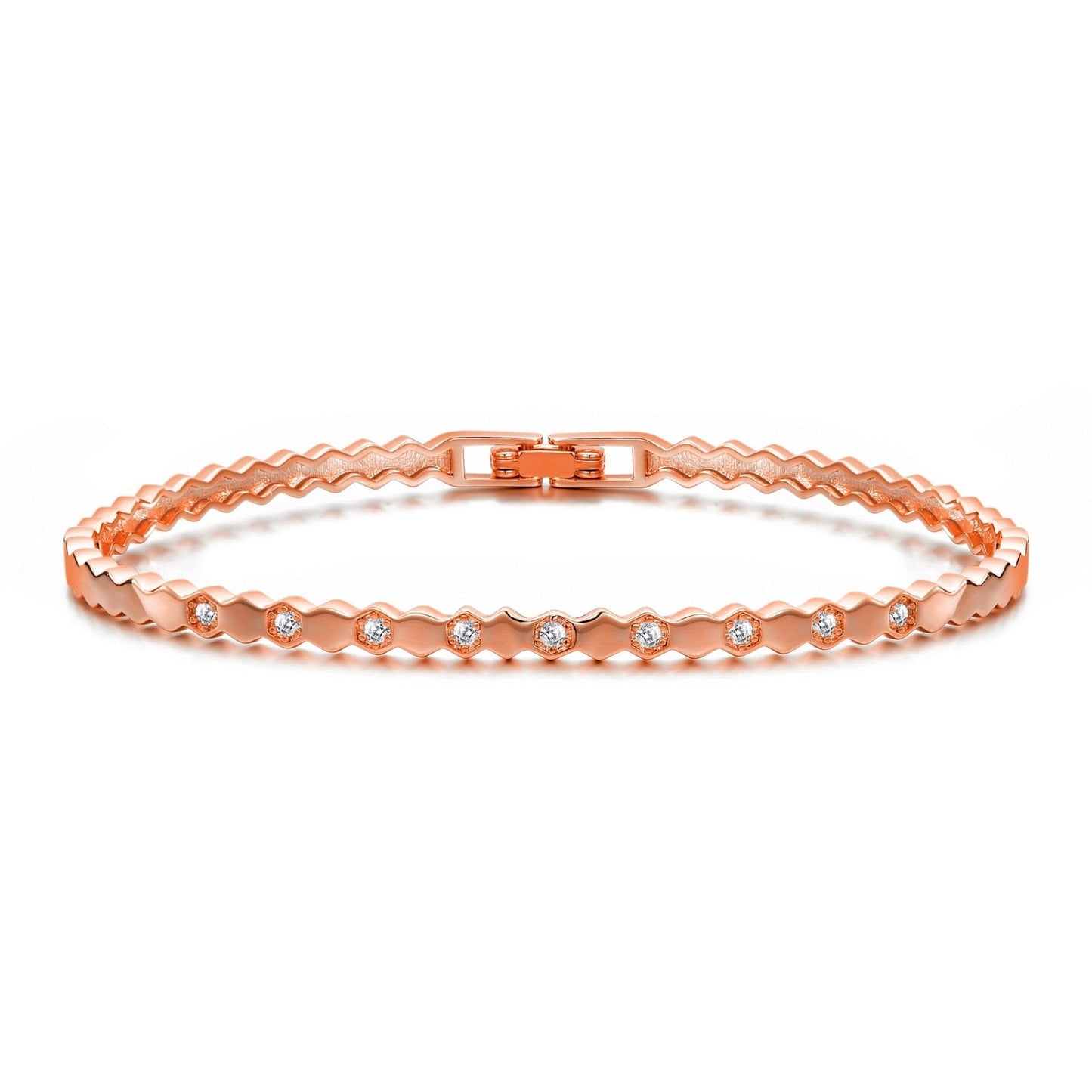Rose Gold Plated Honeycomb Bangle Created with Zircondia® Crystals (7 Inch)