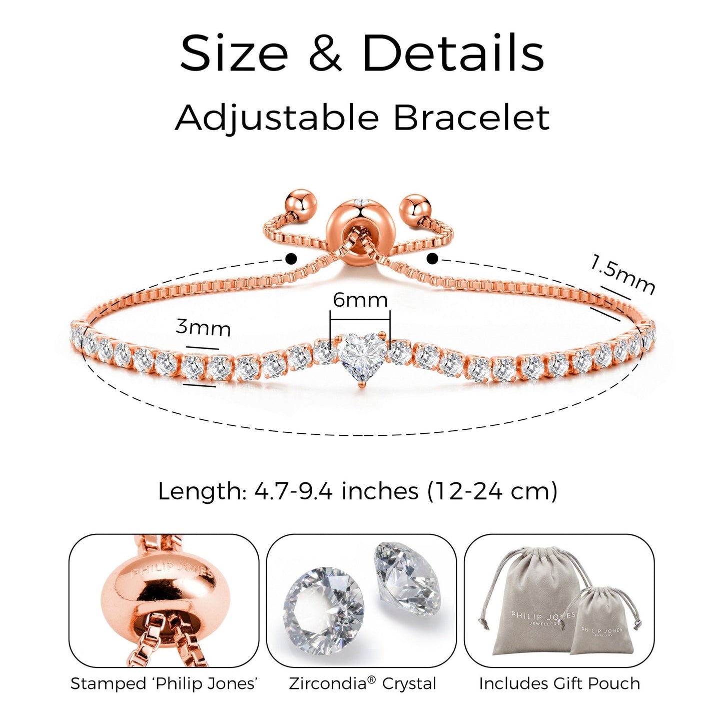 Rose Gold Plated Heart Solitaire Friendship Slider Bracelet Created with Zircondia® Crystals