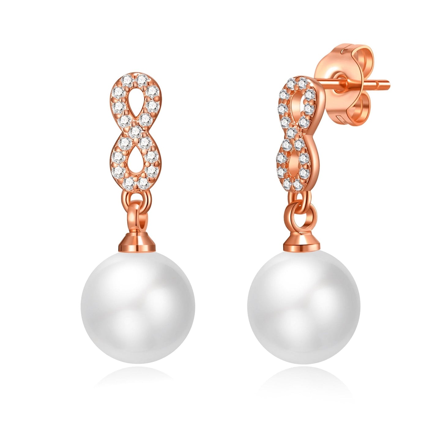 Rose Gold Plated Infinity Pearl Drop Earrings Created with Zircondia® Crystals