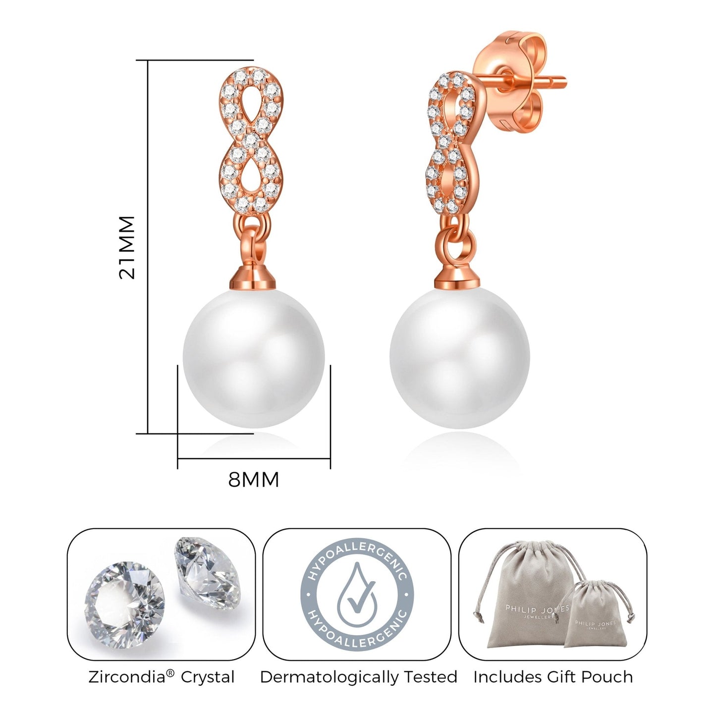 Rose Gold Plated Infinity Pearl Drop Earrings Created with Zircondia® Crystals
