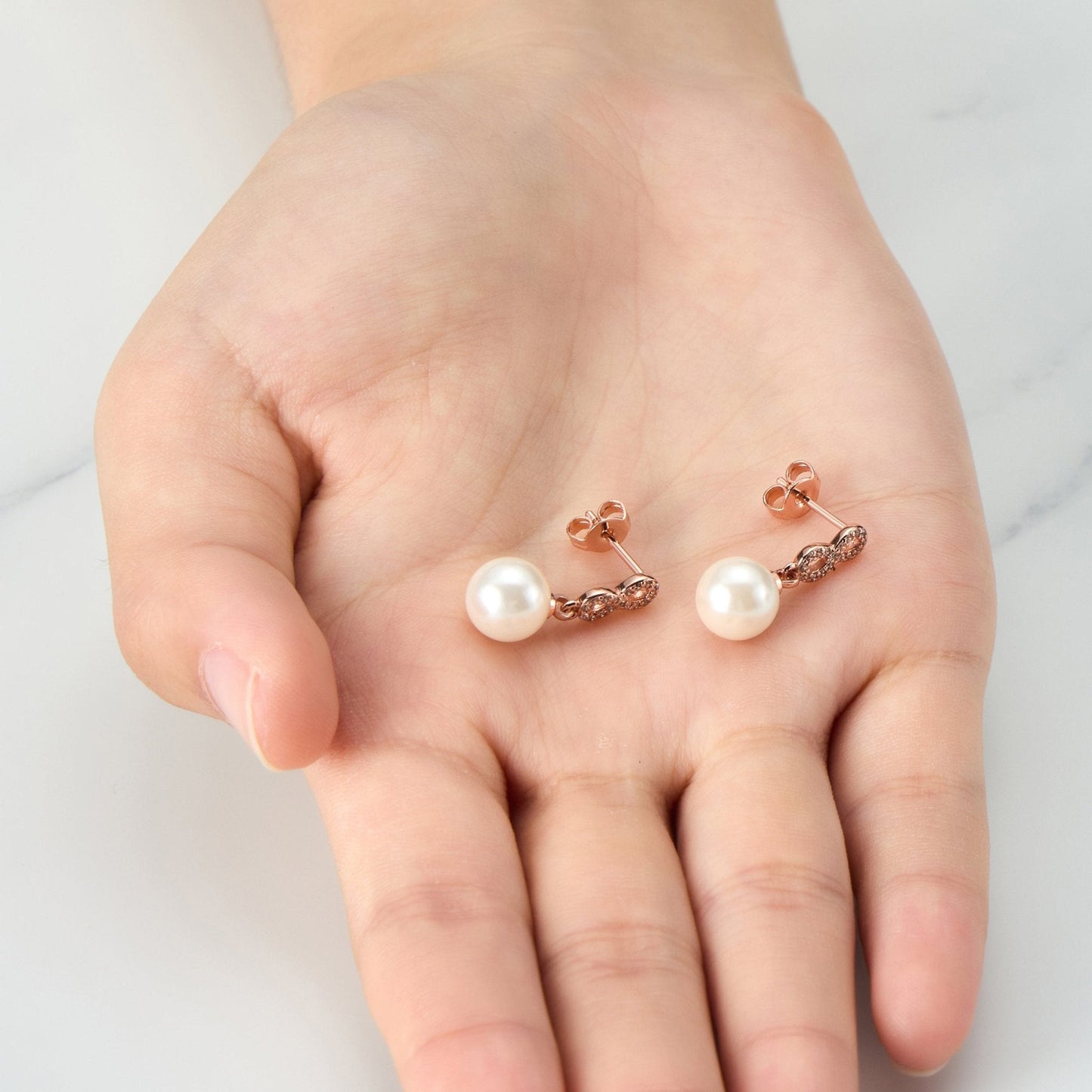 Rose Gold Plated I Couldn't Say I Do Without You Infinity Pearl Drop Bridal Earrings with Zircondia® Crystals