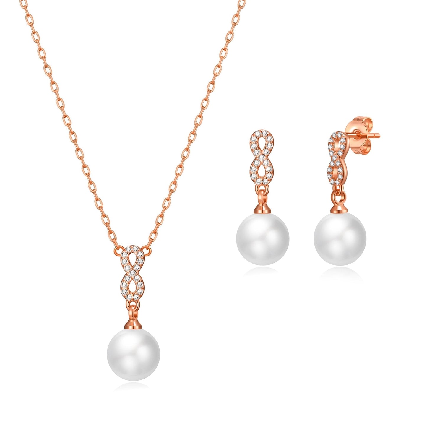 Rose Gold Plated Infinity Pearl Drop Set Created with Zircondia® Crystals