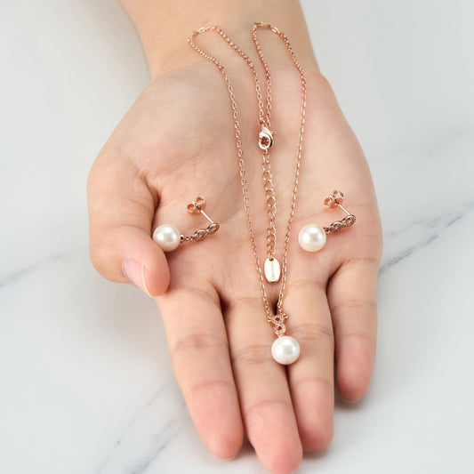 Rose Gold Plated Infinity Pearl Drop Set Created with Zircondia® Crystals