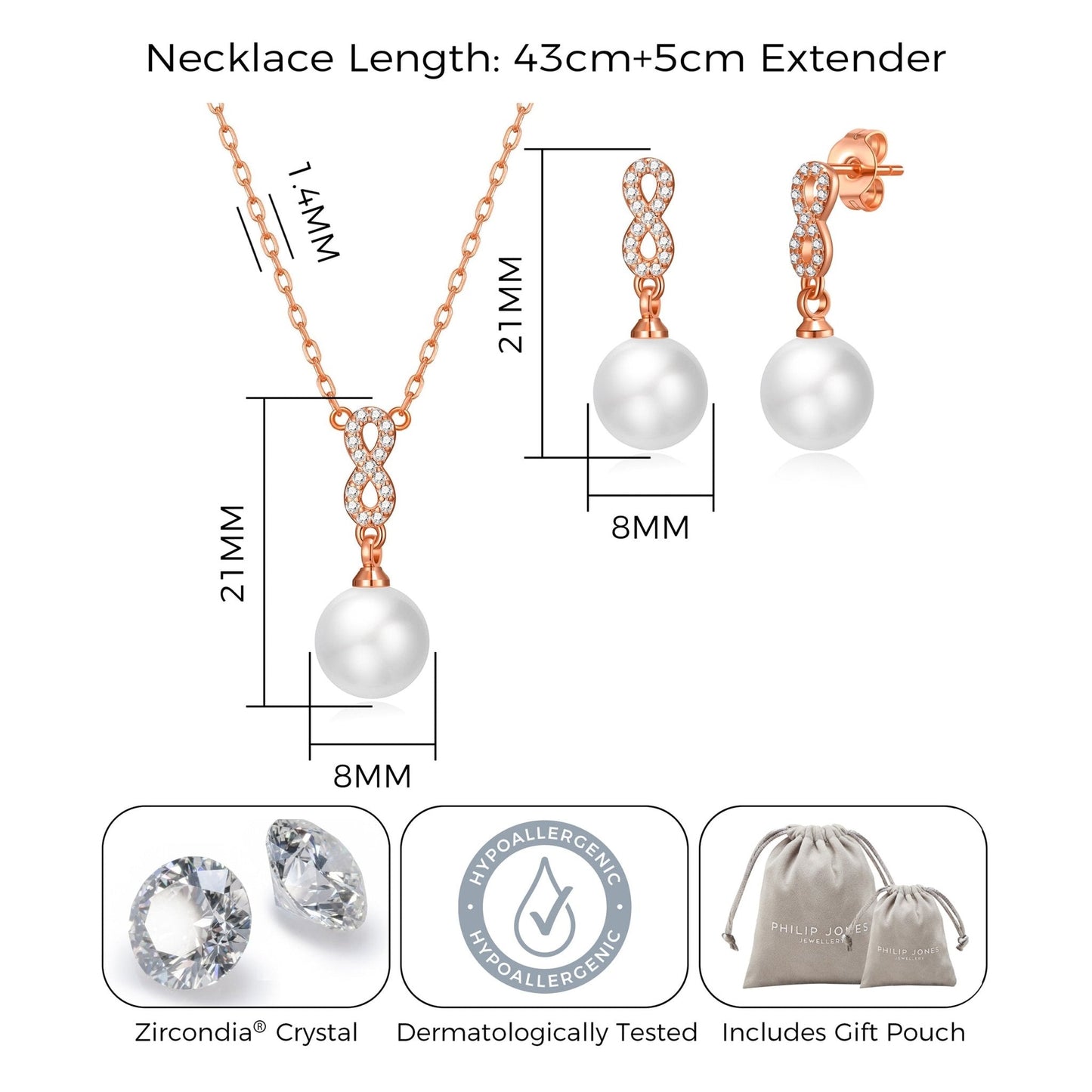 Rose Gold Plated Infinity Pearl Drop Set Created with Zircondia® Crystals