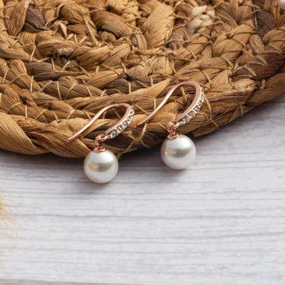 Rose Gold Plated Pearl Drop Earrings Created with Zircondia® Crystals