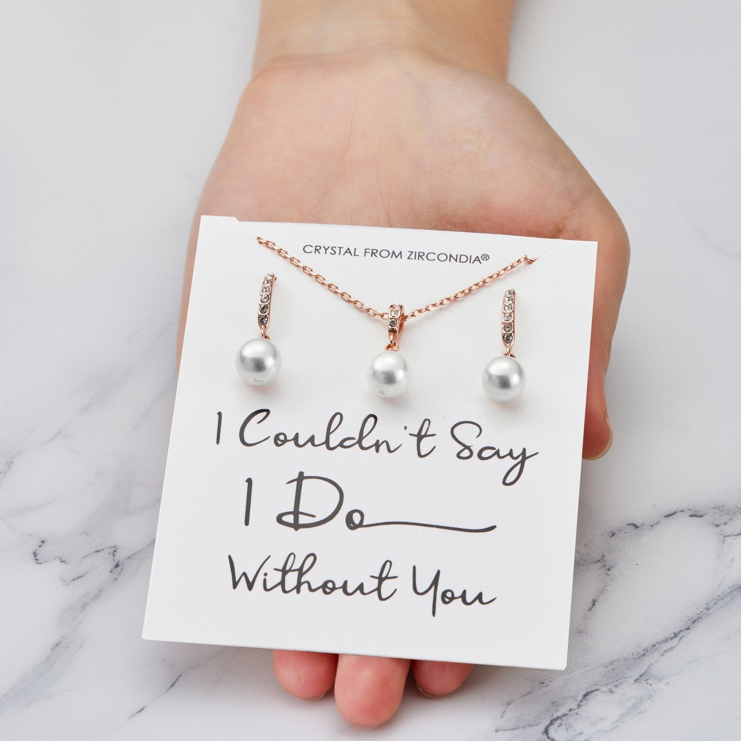 Rose Gold Plated I Couldn't Say I Do Without You Pearl Drop Bridal Set Created with Zircondia® Crystals