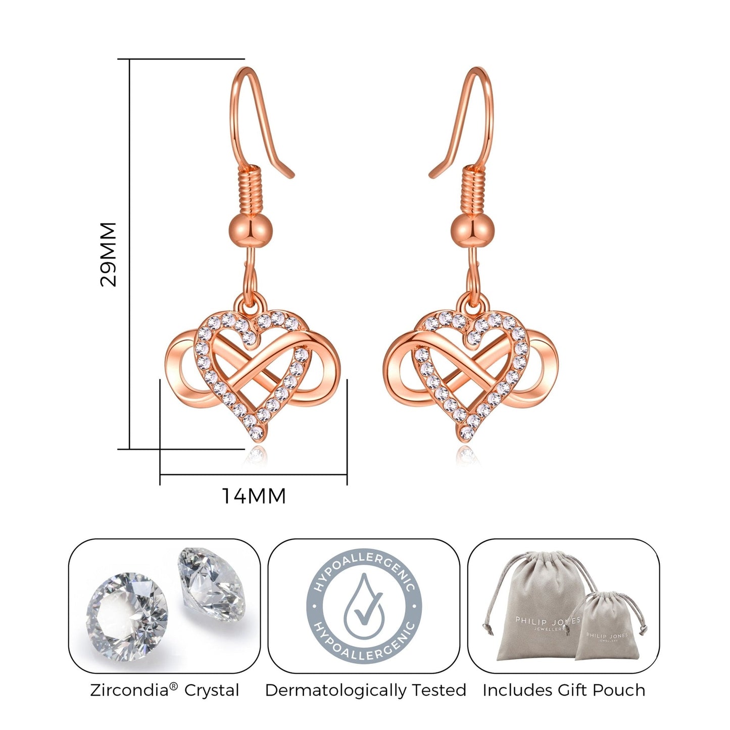 Rose Gold Plated Infinity Heart Drop Earrings Created with Zircondia® Crystals
