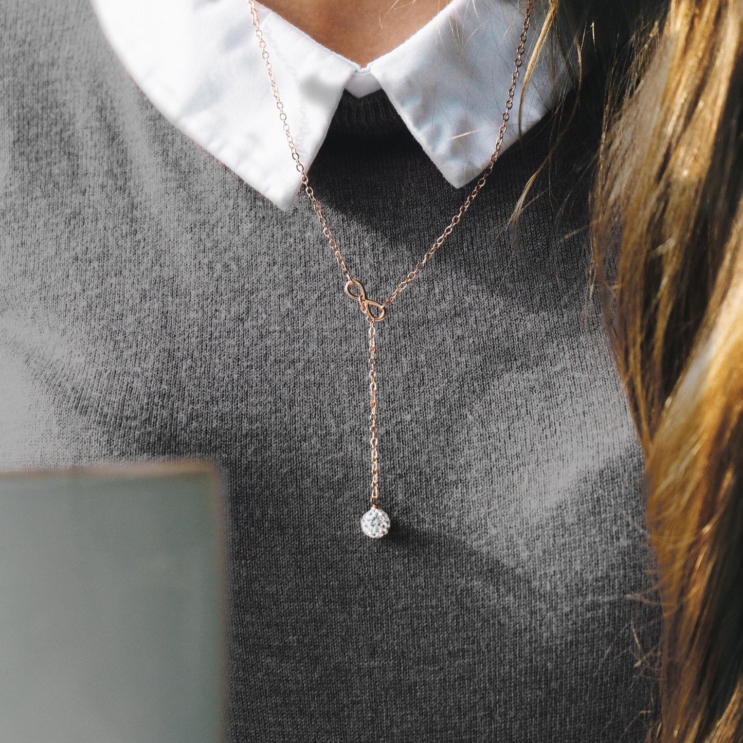 Rose Gold Plated Infinity Lariat Necklace Created with Zircondia® Crystals