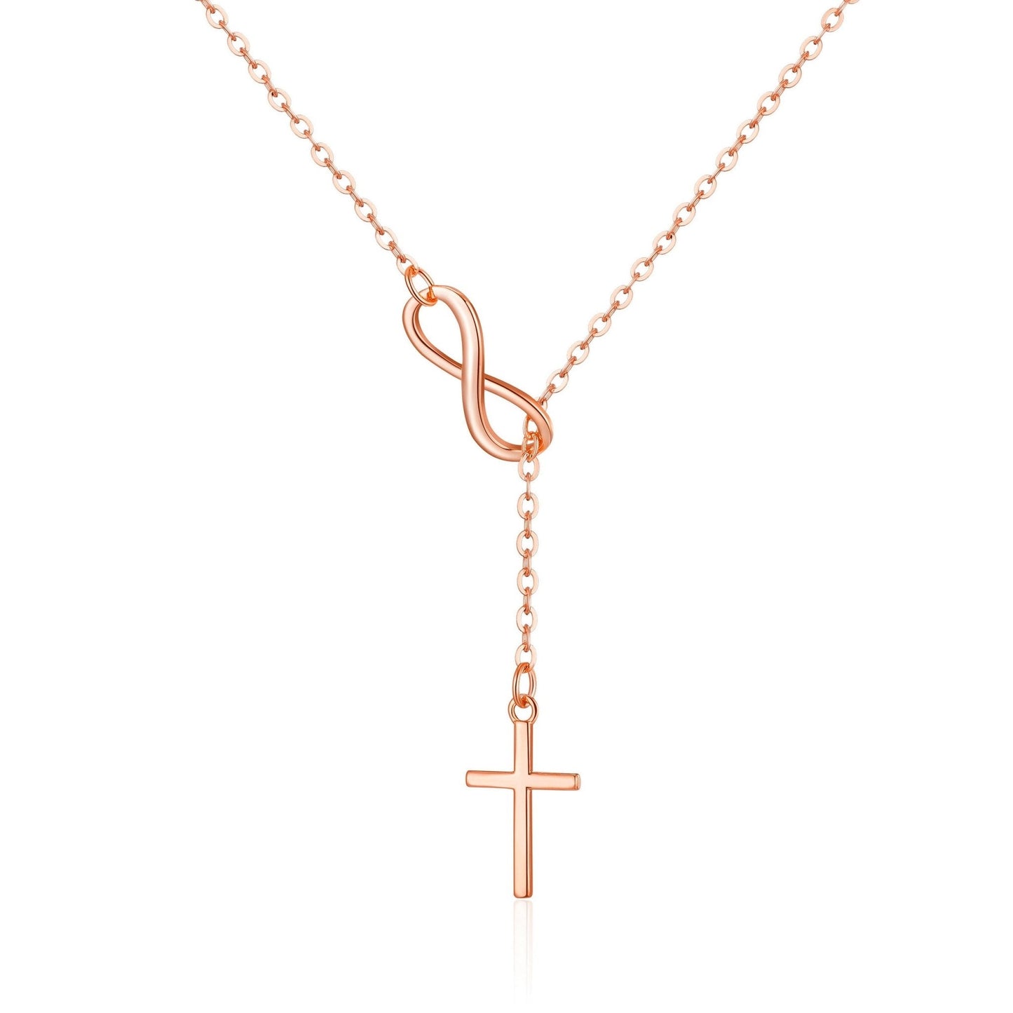 Rose Gold Plated Infinity with Cross Lariat Necklace