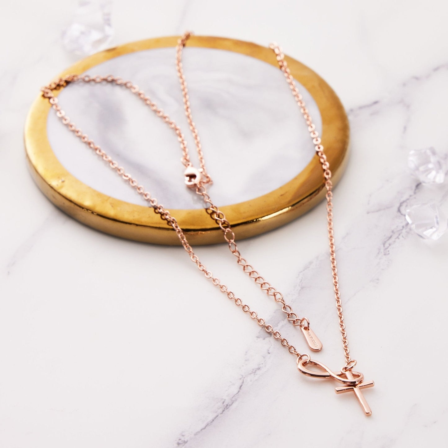 Rose Gold Plated Infinity with Cross Lariat Necklace