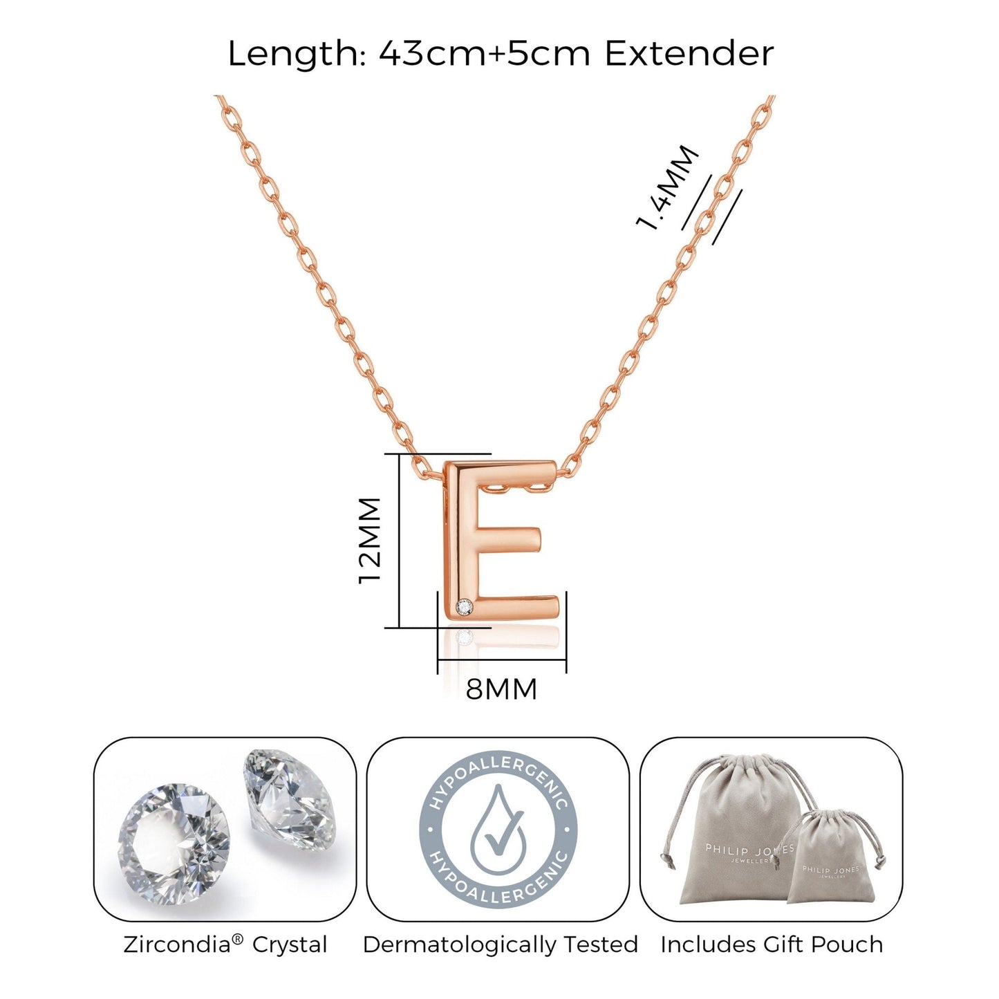 Rose Gold Plated Initial Necklace Letter E Created with Zircondia® Crystals