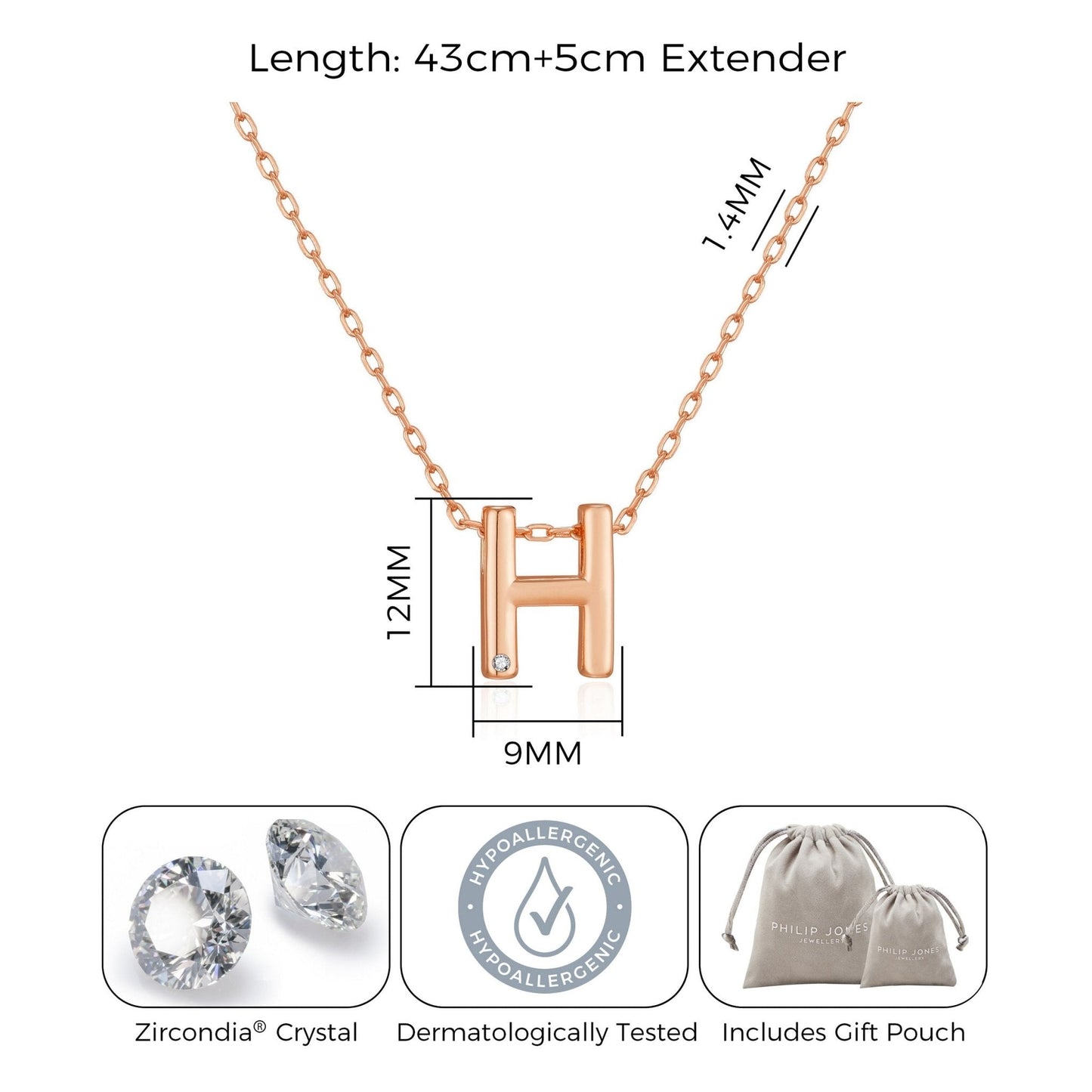 Rose Gold Plated Initial Necklace Letter H Created with Zircondia® Crystals
