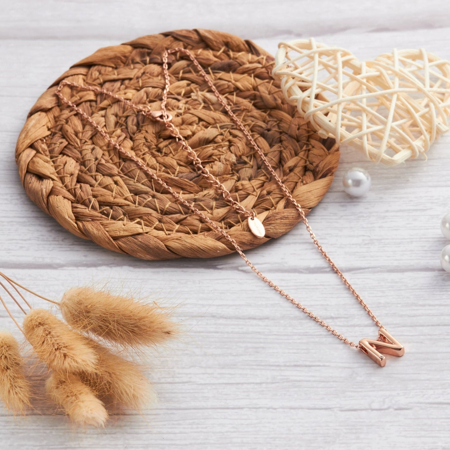 Rose Gold Plated Initial Necklace Letter N Created with Zircondia® Crystals