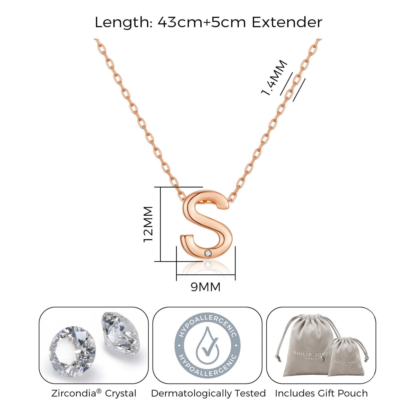 Rose Gold Plated Initial Necklace Letter S Created with Zircondia® Crystals