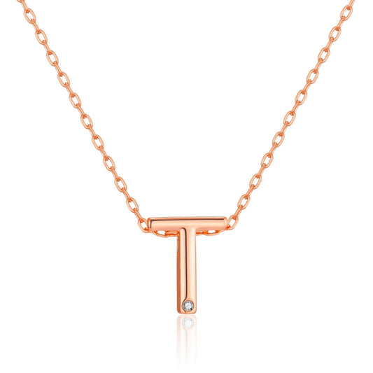 Rose Gold Plated Initial Necklace Letter T Created with Zircondia® Crystals