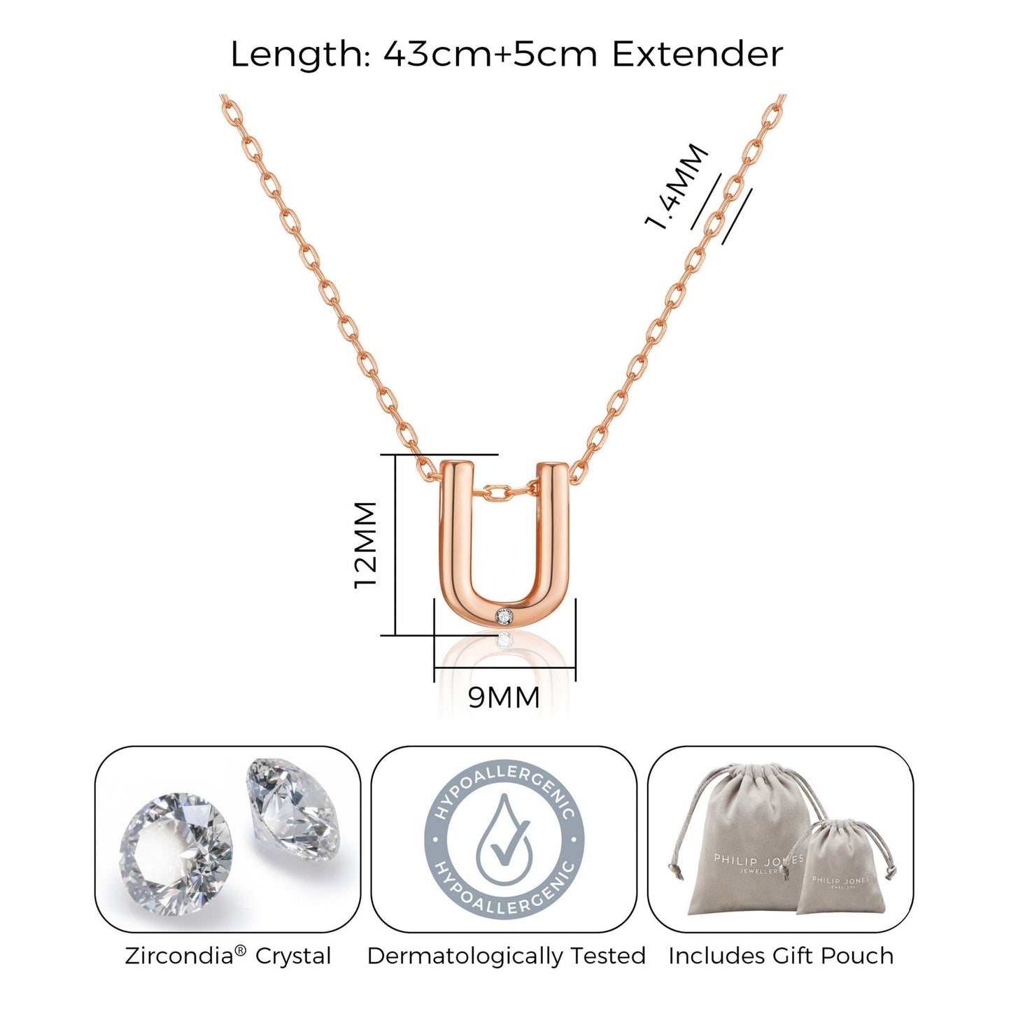 Rose Gold Plated Initial Necklace Letter U Created with Zircondia® Crystals
