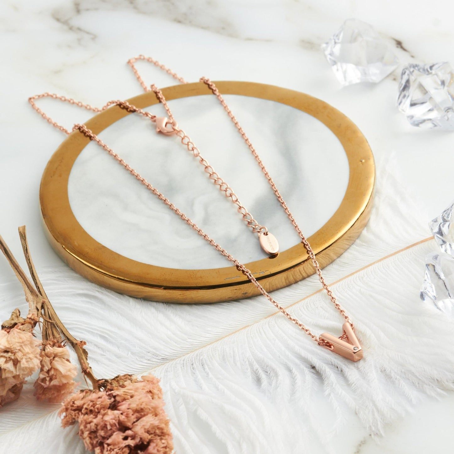 Rose Gold Plated Initial Necklace Letter V Created with Zircondia® Crystals