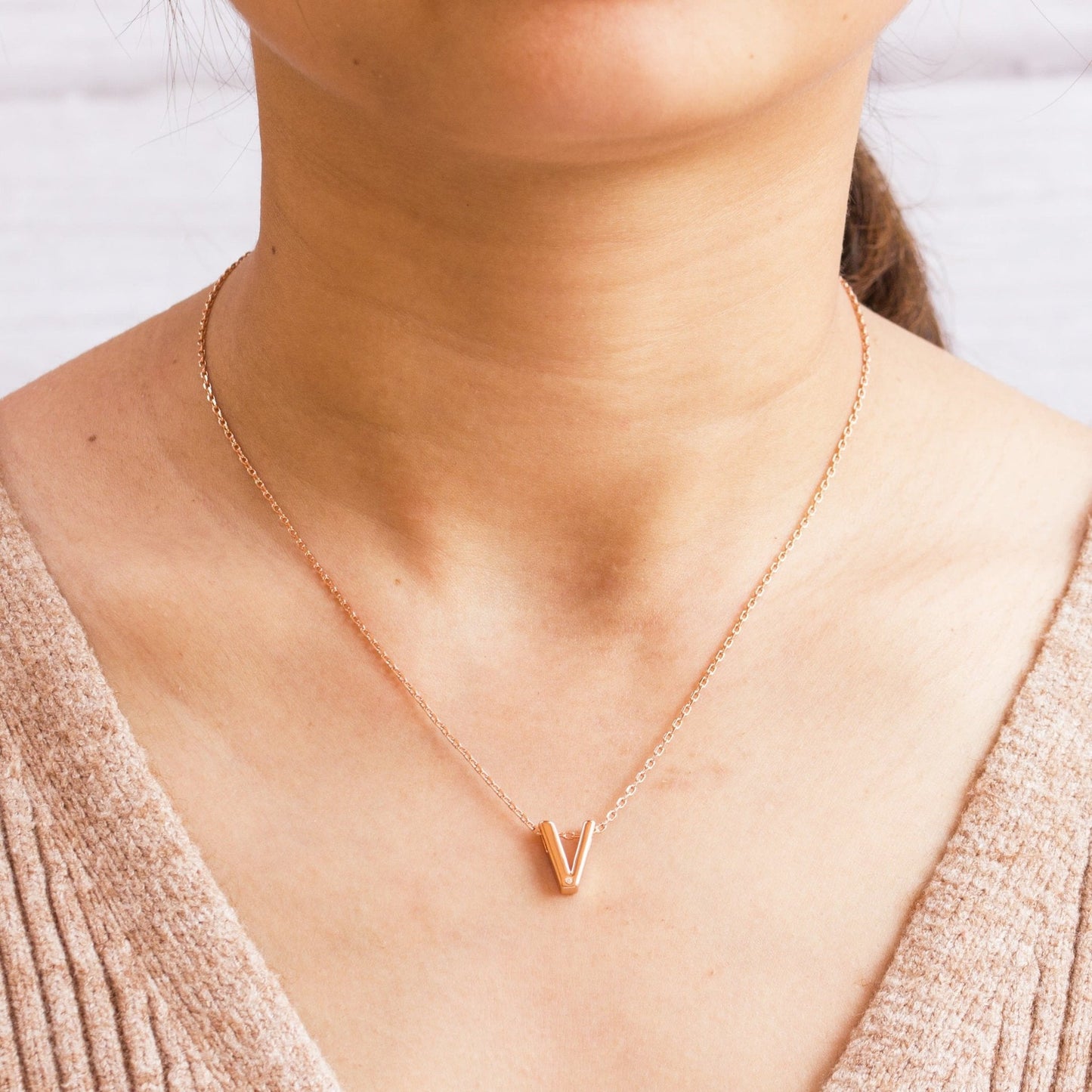Rose Gold Plated Initial Necklace Letter V Created with Zircondia® Crystals