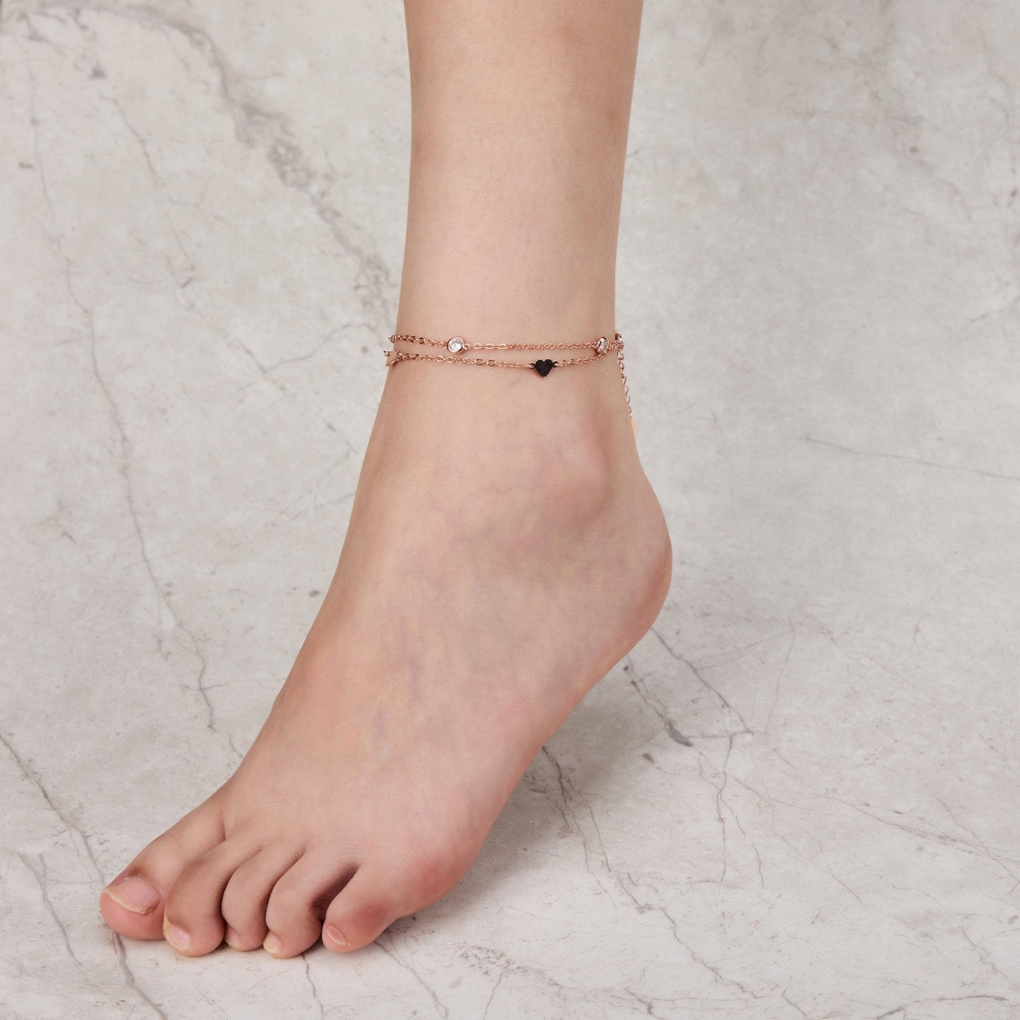 Rose Gold Plated Layered Heart Anklet Created with Zircondia® Crystals
