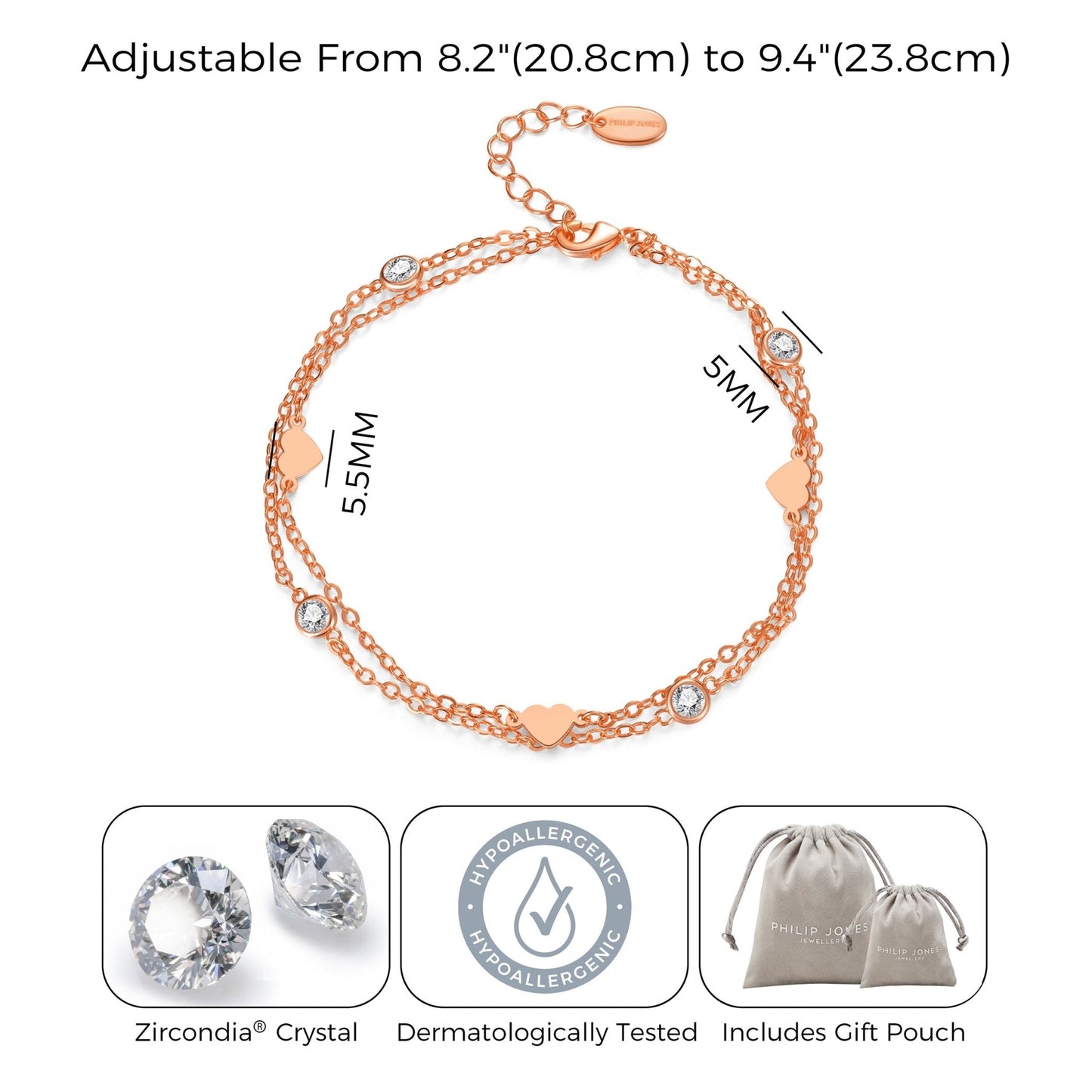 Rose Gold Plated Layered Heart Anklet Created with Zircondia® Crystals