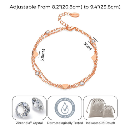 Rose Gold Plated Layered Heart Anklet Created with Zircondia® Crystals