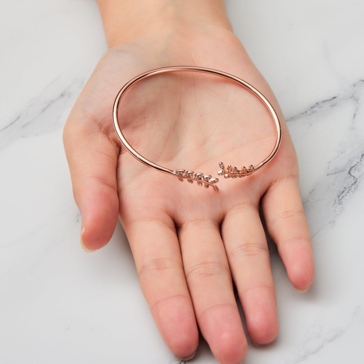 Rose Gold Plated Leaf Bangle Created with Zircondia® Crystals