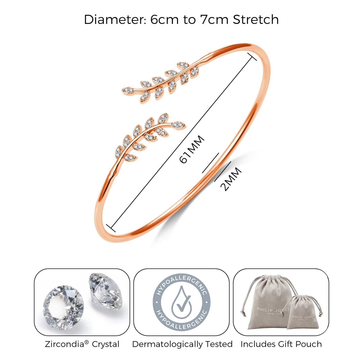 Rose Gold Plated Leaf Bangle Created with Zircondia® Crystals