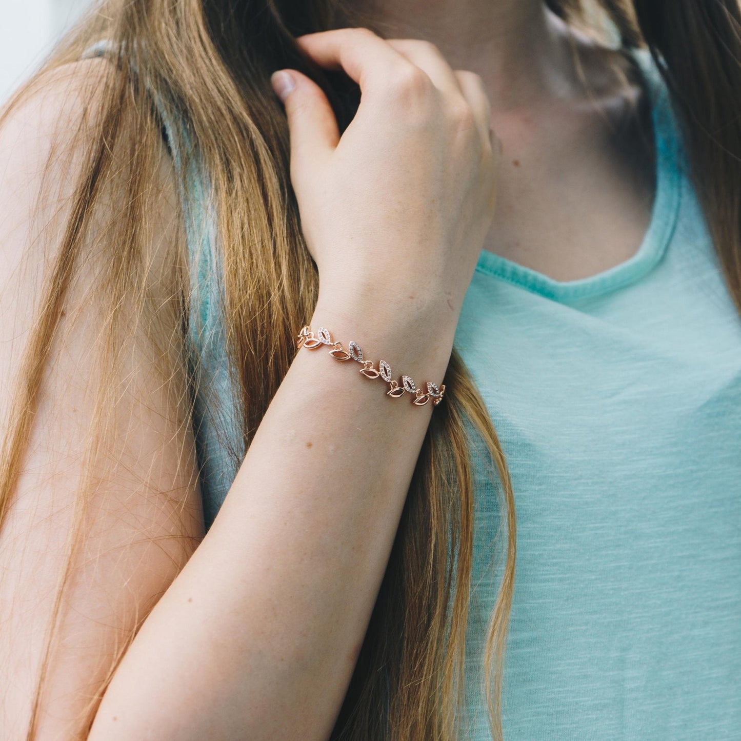 Rose Gold Plated Leaf Bracelet Created With Crystals From Zircondia®