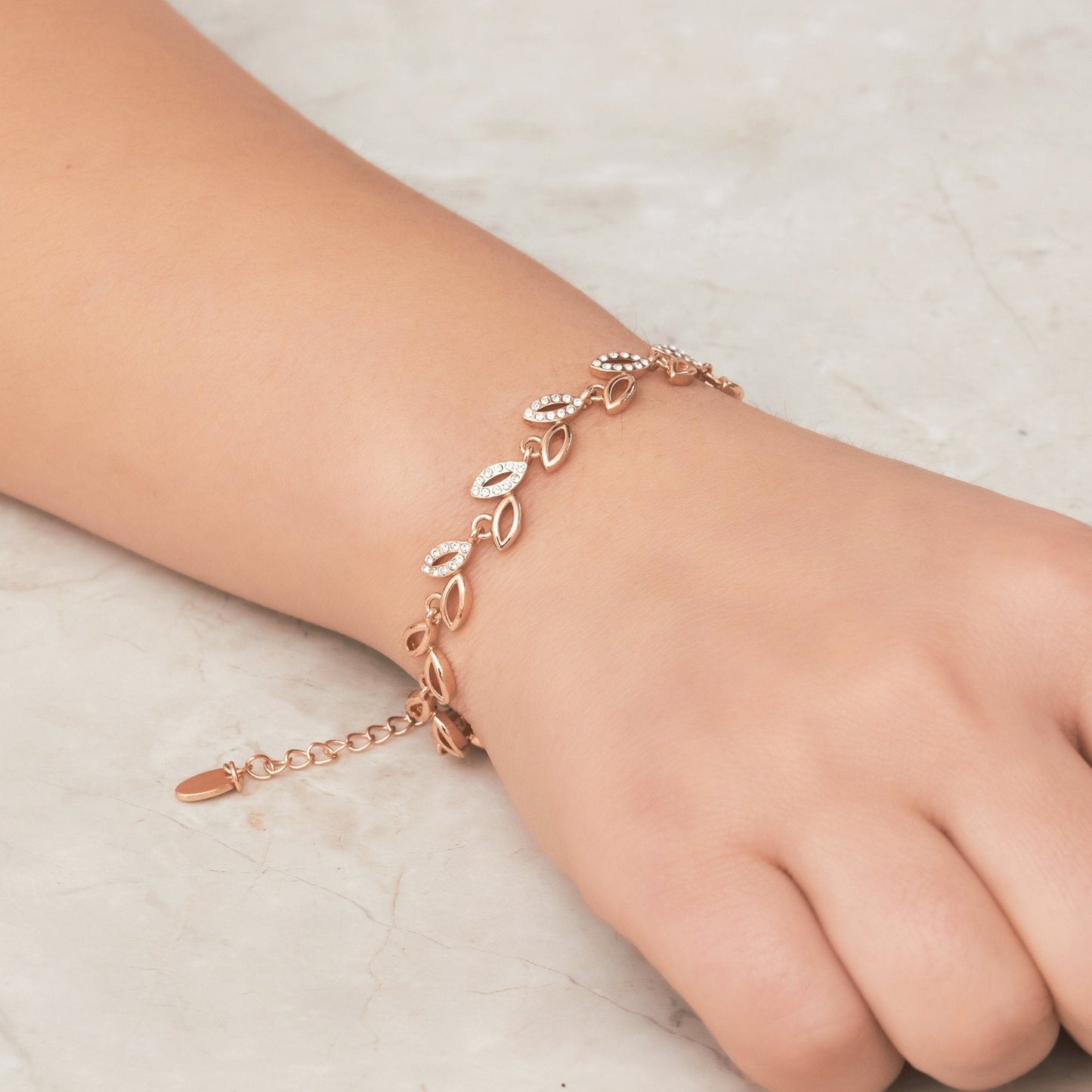 Rose Gold Plated Leaf Bracelet Created With Crystals From Zircondia®