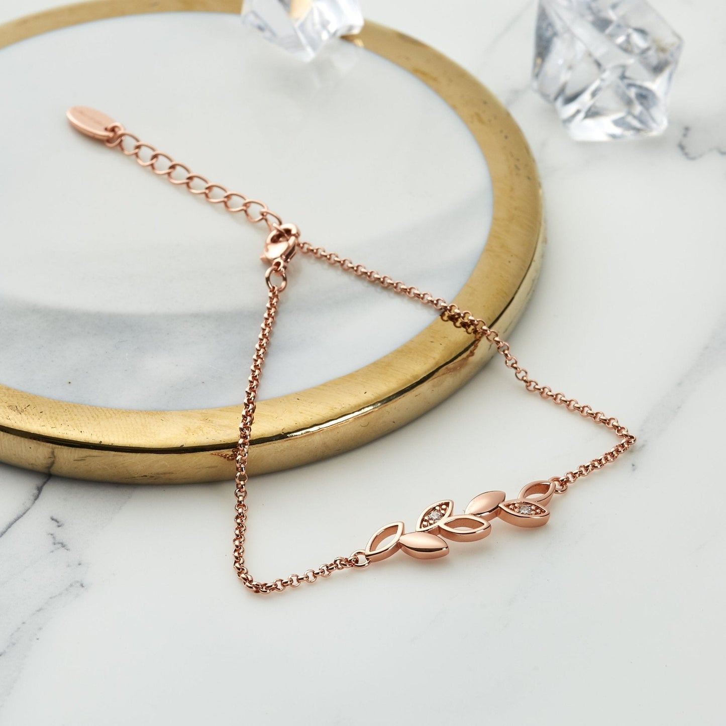 Rose Gold Plated Leaf Chain Bracelet Created with Zircondia® Crystals