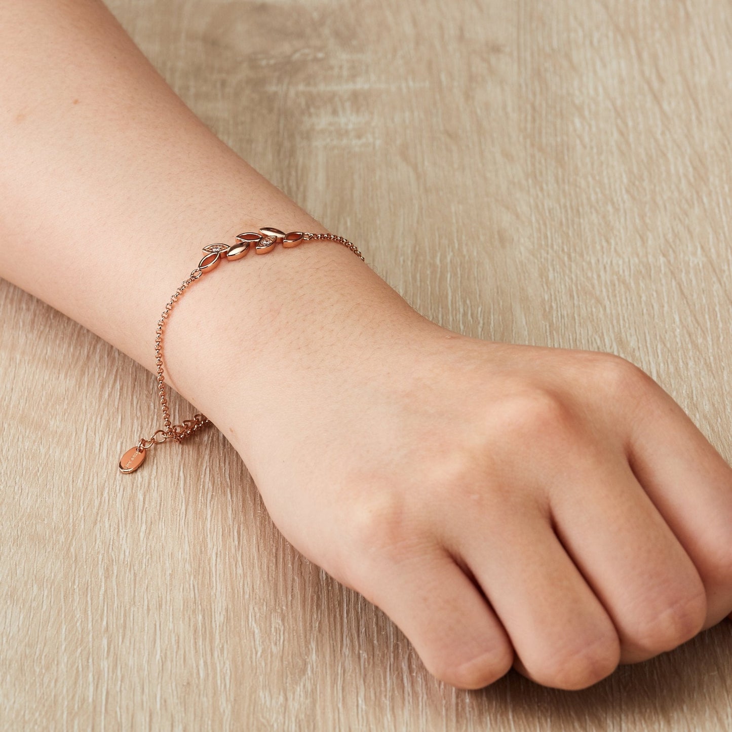 Rose Gold Plated Leaf Chain Bracelet Created with Zircondia® Crystals