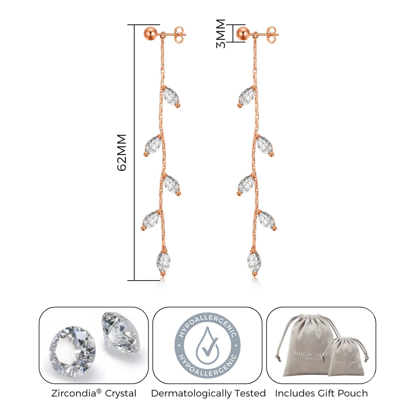 Rose Gold Plated Leaf Dangle Earrings Created with Zircondia® Crystals