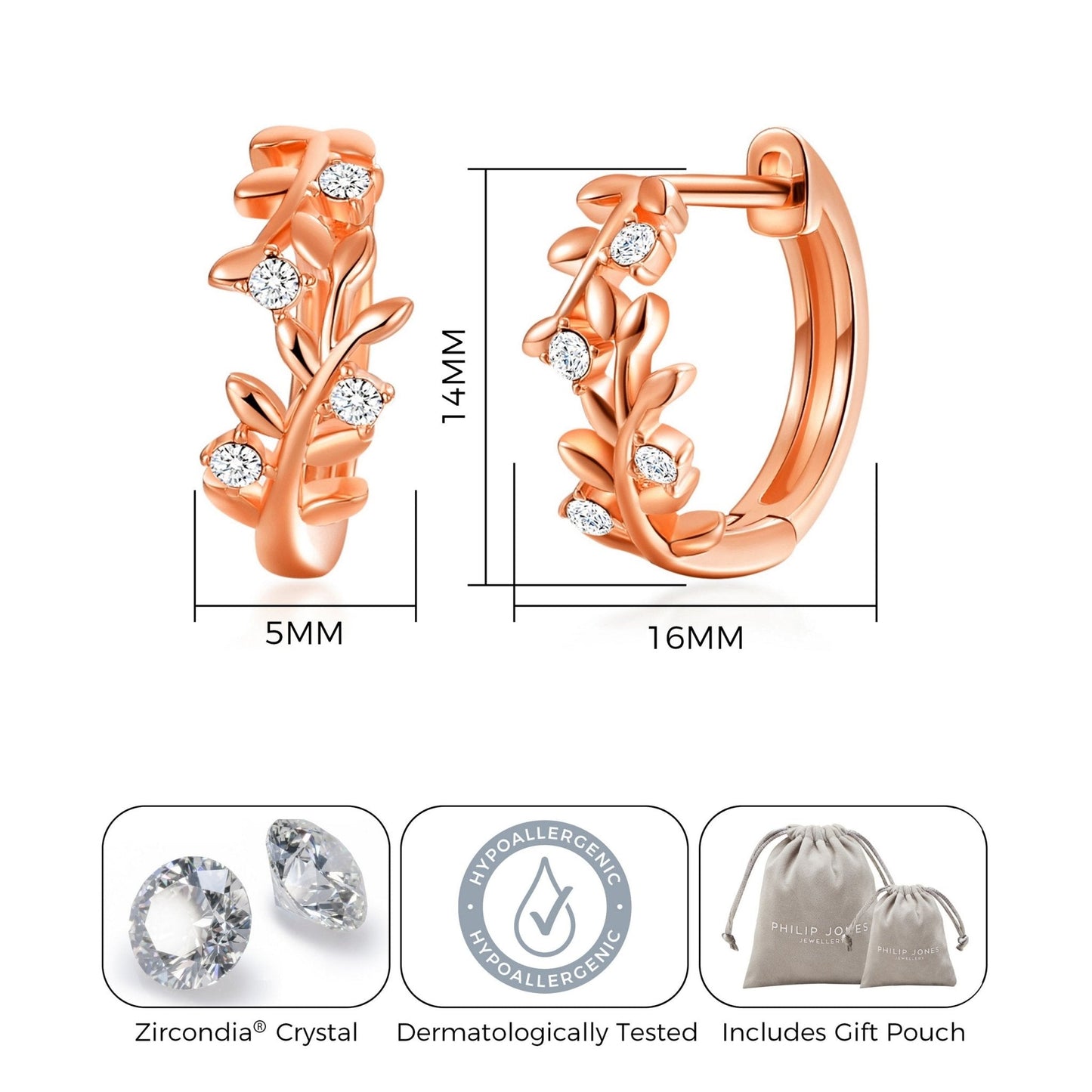 Rose Gold Plated Leaf Hoop Earrings Created with Zircondia® Crystals