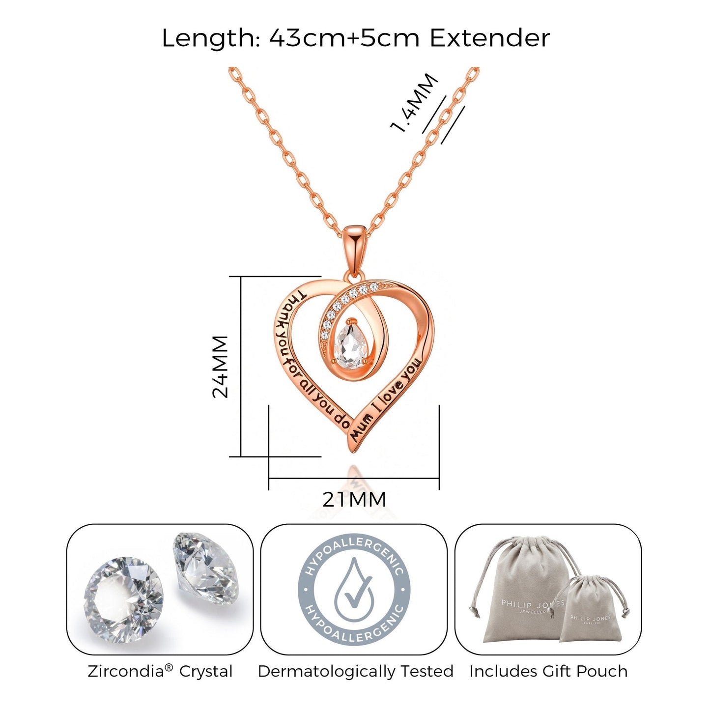 Rose Gold Plated Mum I Love You Quote Necklace Created with Zircondia® Crystals
