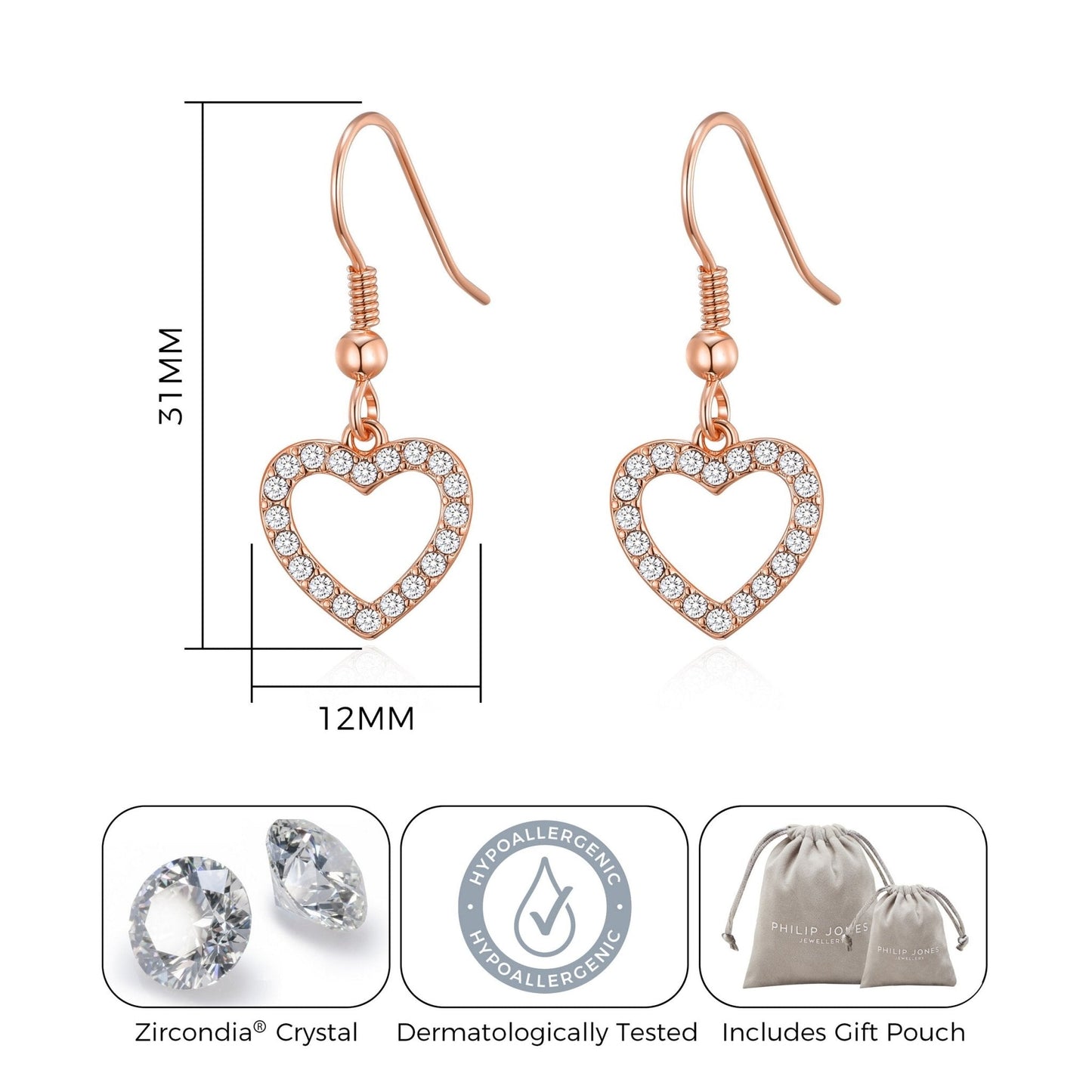 Rose Gold Plated Open Heart Drop Earrings Created with Zircondia® Crystals