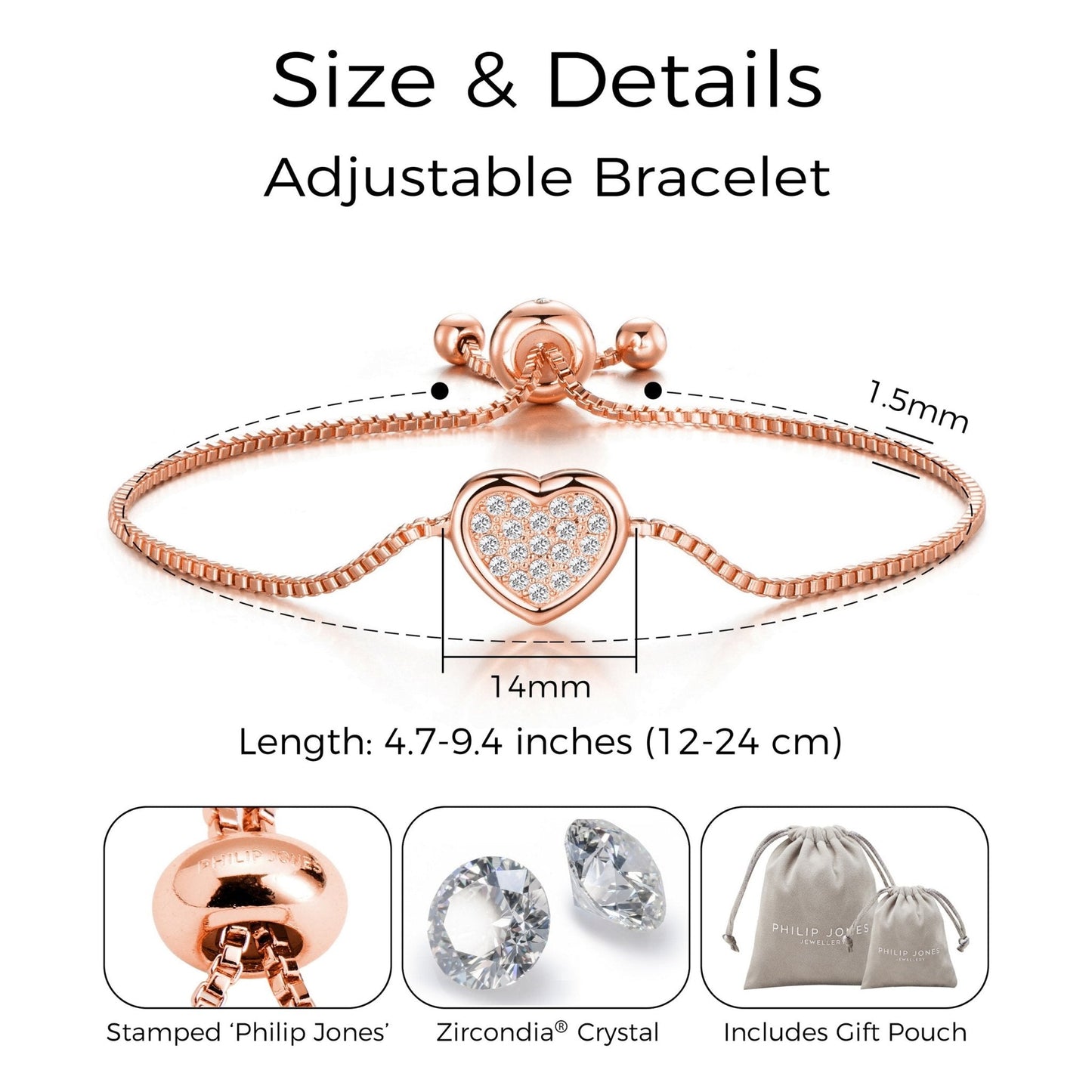 Rose Gold Plated Pave Heart Friendship Bracelet Created with Zircondia® Crystals