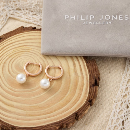 Rose Gold Plated Pearl Drop Hoop Earrings