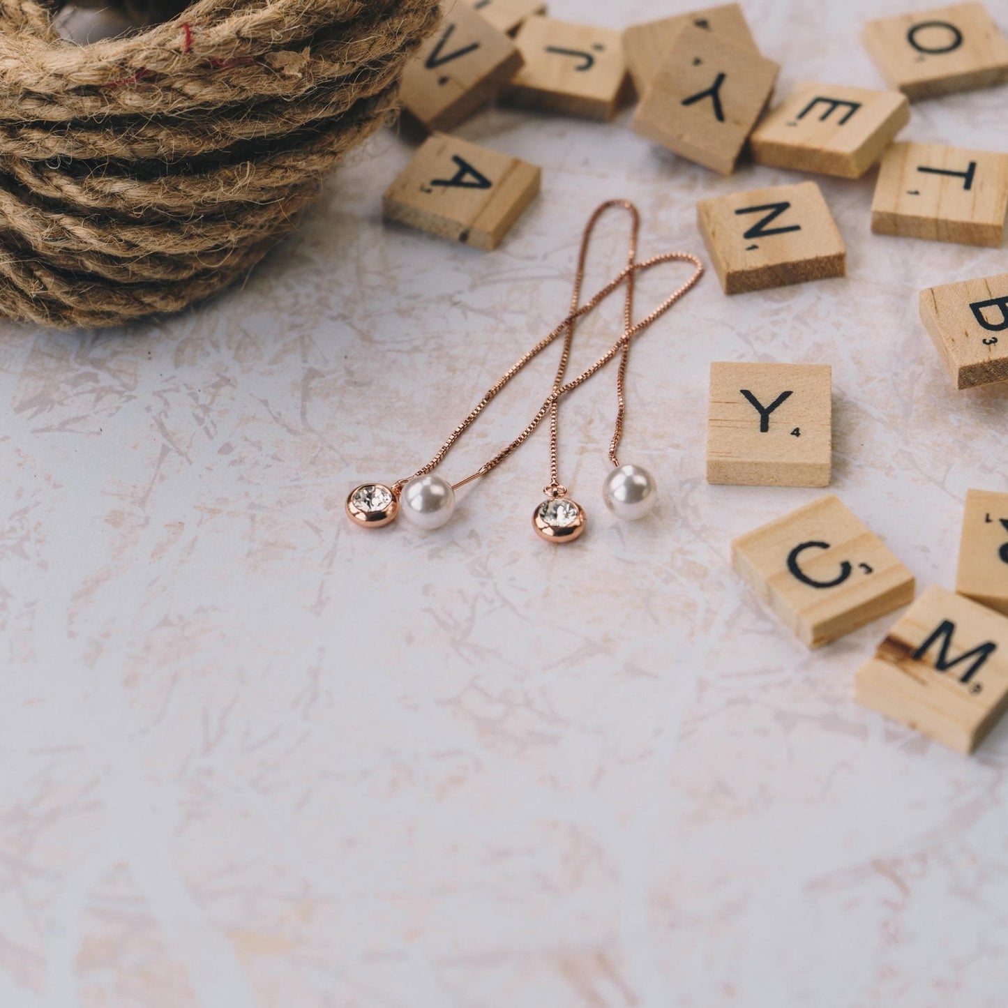 Rose Gold Plated Pearl Thread Earrings Created with Zircondia® Crystals