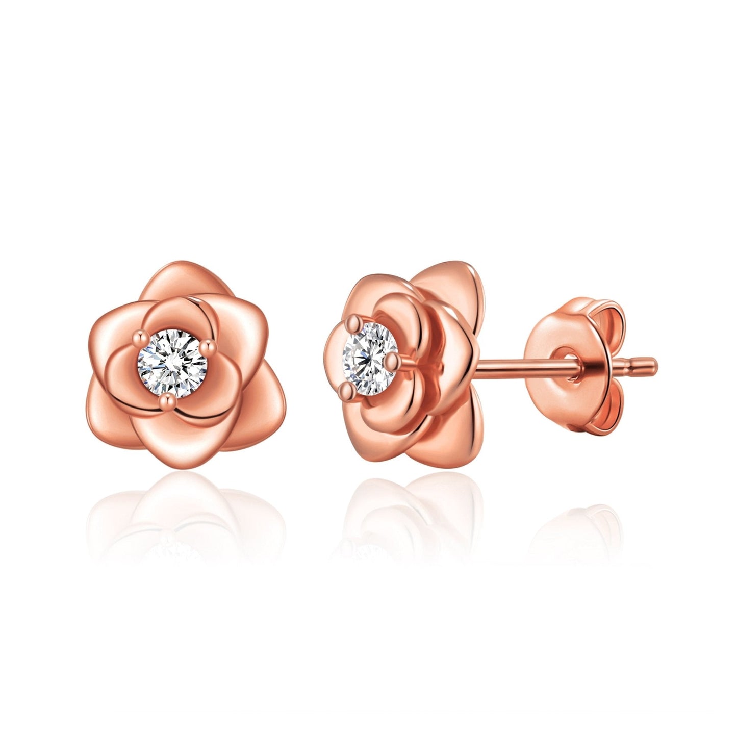 Rose Gold Plated Rose Earrings Created with Zircondia® Crystals