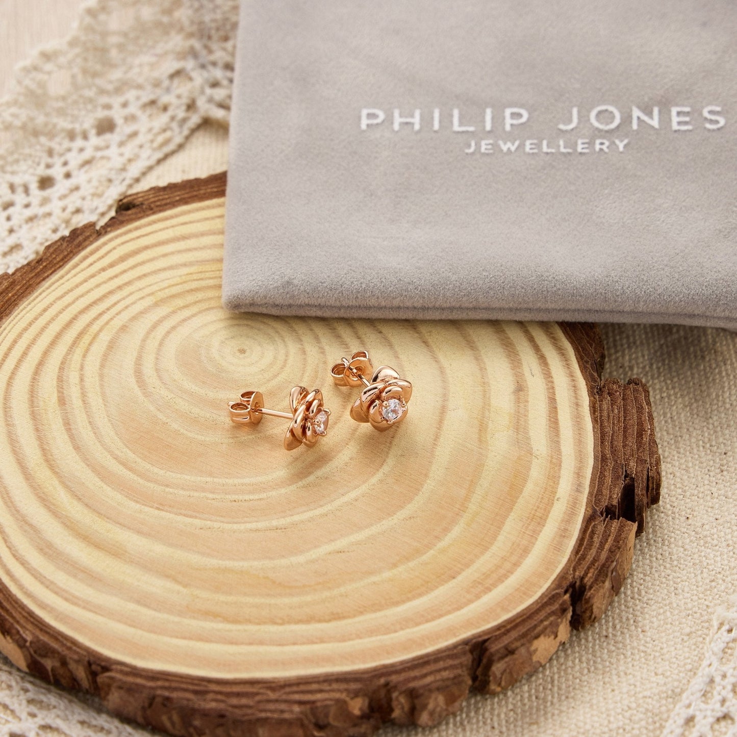 Rose Gold Plated Rose Earrings Created with Zircondia® Crystals