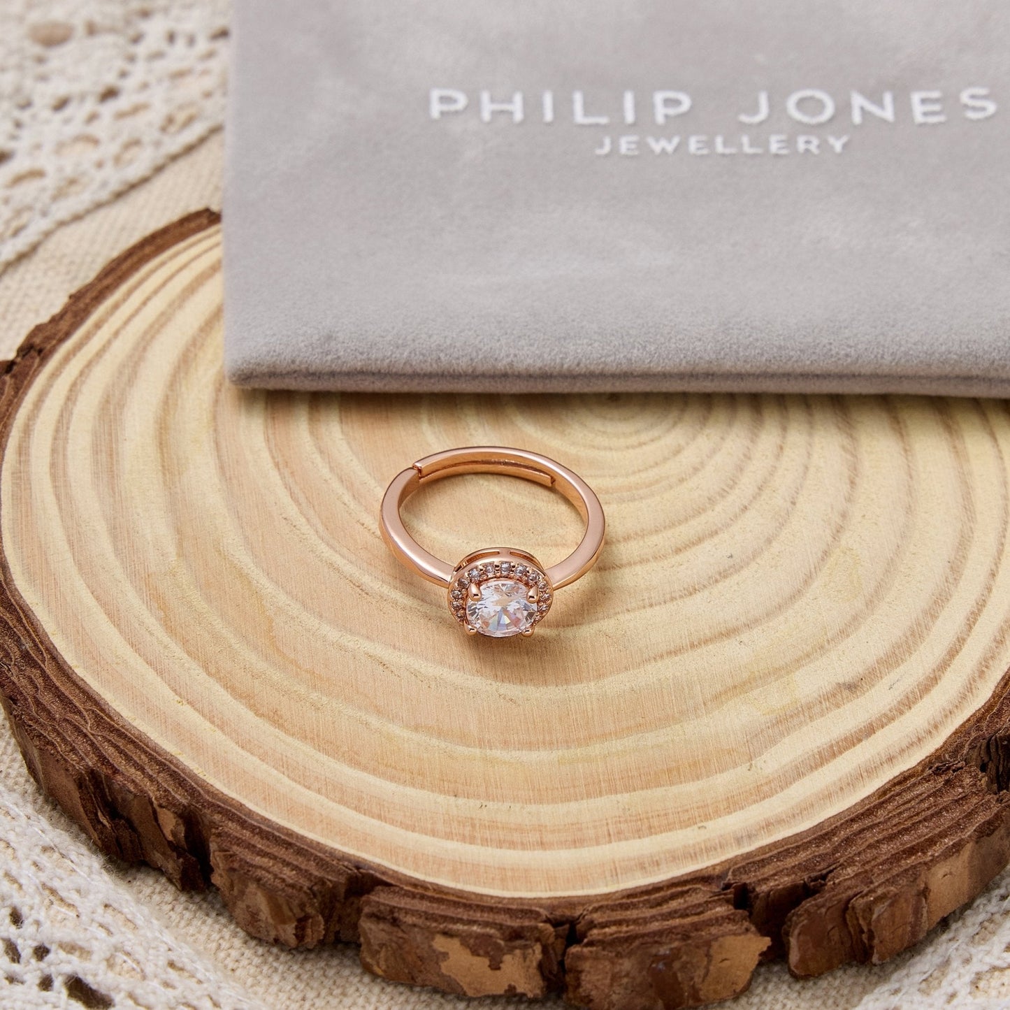 Rose Gold Plated Round Halo Ring Created with Zircondia® Crystals
