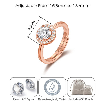 Rose Gold Plated Round Halo Ring Created with Zircondia® Crystals